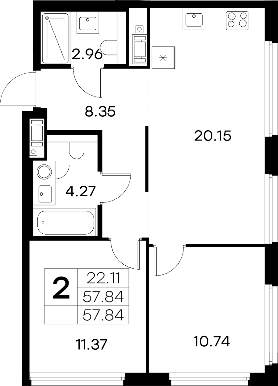 2-комнатная квартира 57.84 м², 15/18 эт., ЖК «Glorax City Василеостровский»